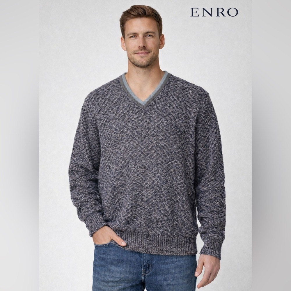 ENRO Men’s 100% Cotton V-Neck‎ Sweater Tall XL Blue grey
